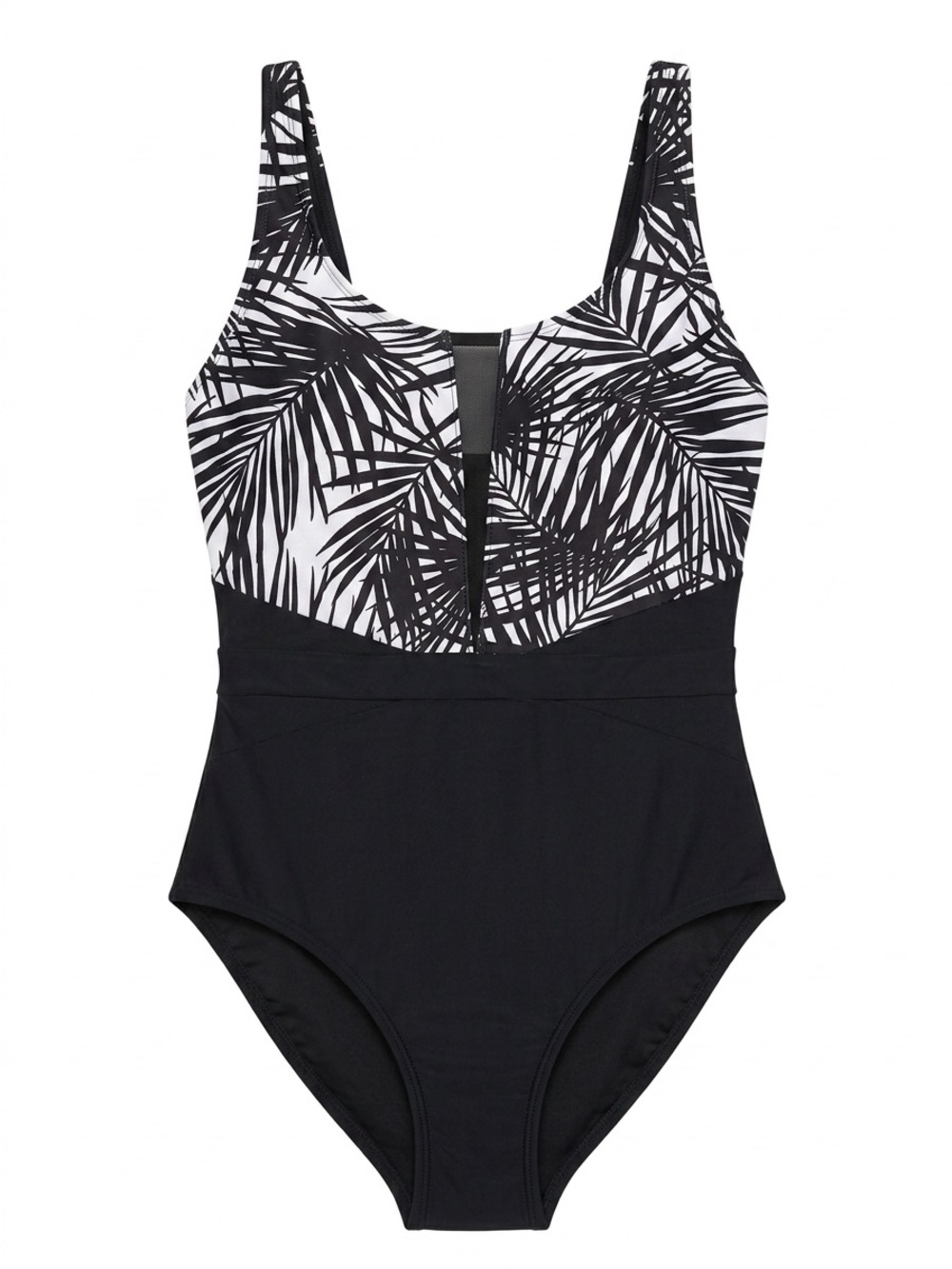 Black White Palm Print One Piece Swimsuit Tummy Control Size 10 NWT